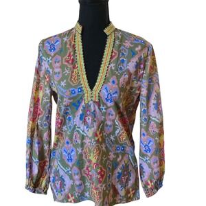 Zara Womens XS Olive Green Multi Geometric Floral Tunic Blouse Deep V-Neck #611